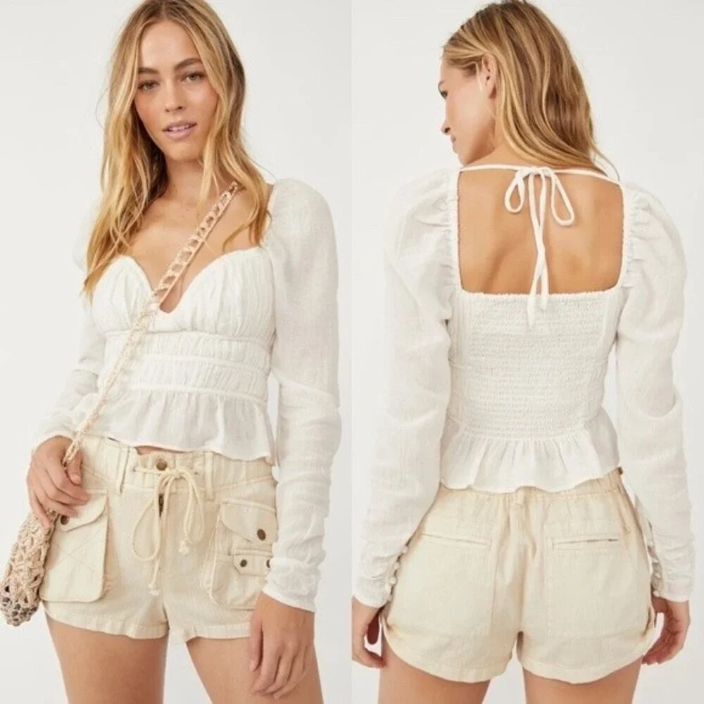 FREE PEOPLE Chloe Top XS White Puff Sleeves Smocked Cottagecore Boho Coquette